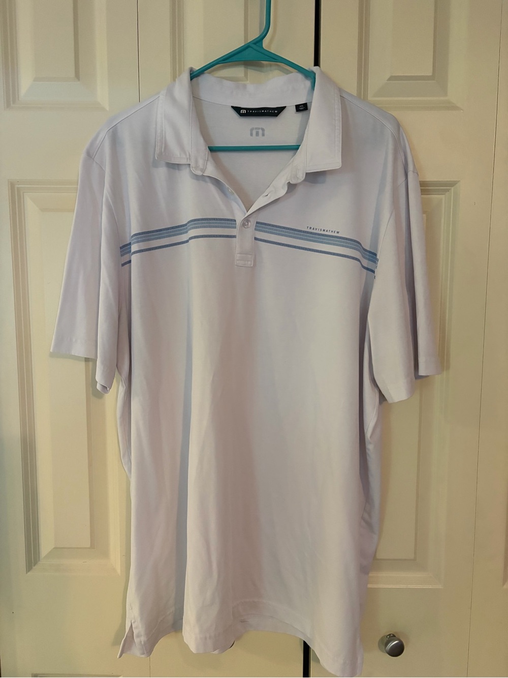 Travis Mathew Men's White Polo with Light Blue Stripe XXL